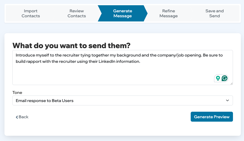 how to send an introductory email to a recruiter using Skail's Ai for recruiters software. A screen shot of the prompt screen within skail